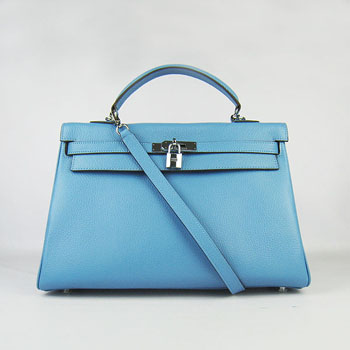 Hermes Kelly 35Cm Togo Leather Handbag Light Blue/Silver